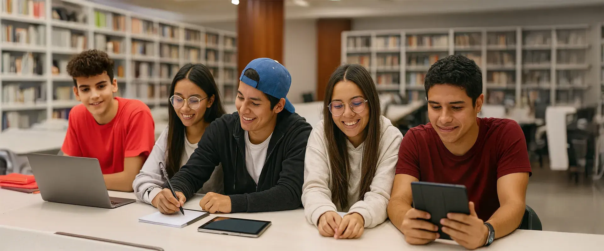 Estudiantes en la biblioteca de la Javeriana Cali reunidos trabajando